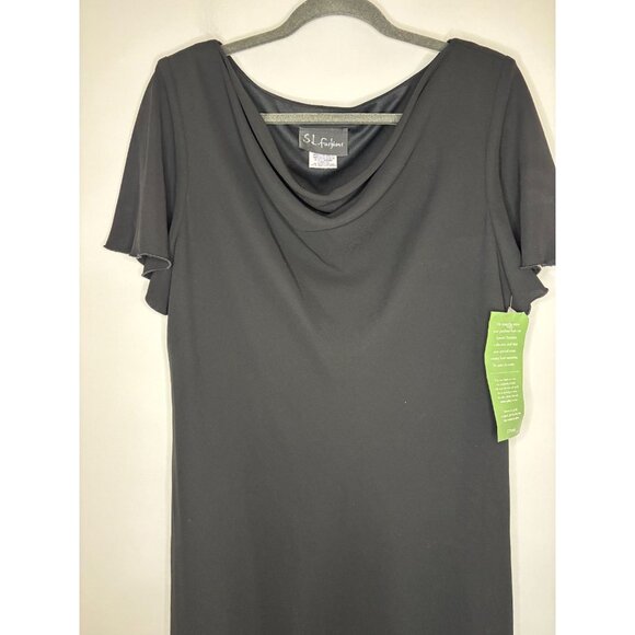 SL FASHIONS JCPENNEY NEW Dress Womens 16W Black Cowl Short Slv Ruffle Flowy - Picture 1 of 10